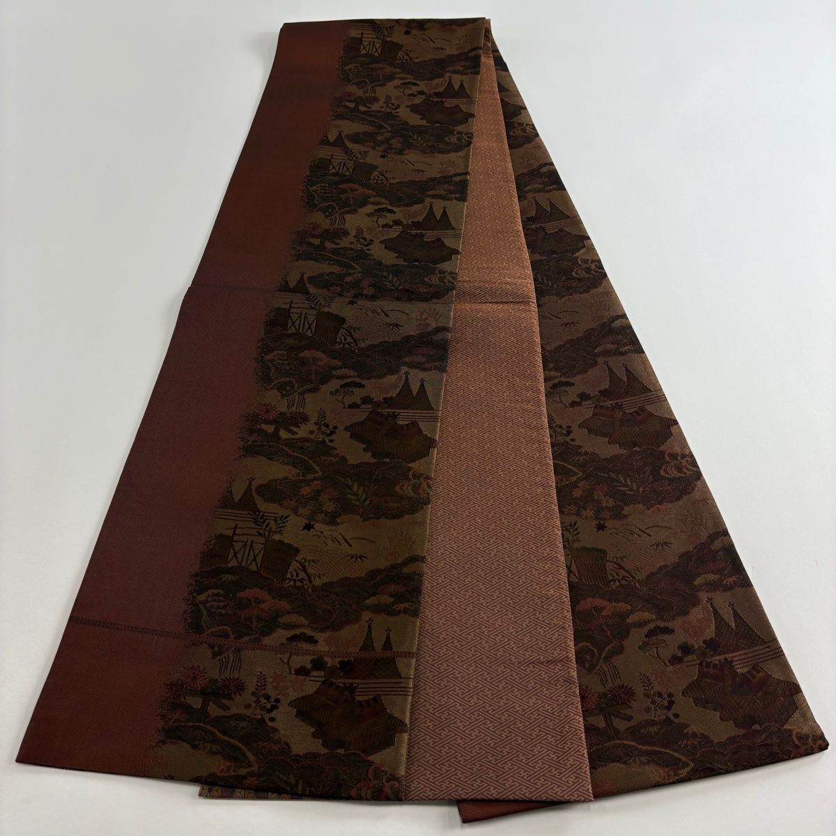  袋帯 秀品 風景 松竹梅 金糸 赤茶 全通 正絹 袋帯 帯