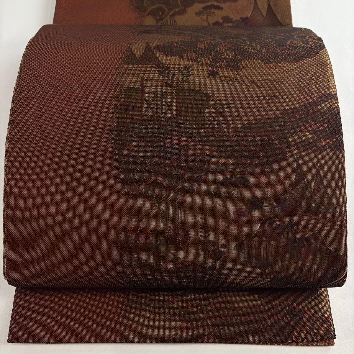 袋帯 秀品 風景 松竹梅 金糸 赤茶 全通 正絹