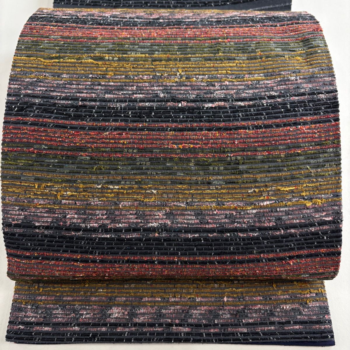 袋帯 秀品 段縞 青灰色 お太鼓柄 正絹