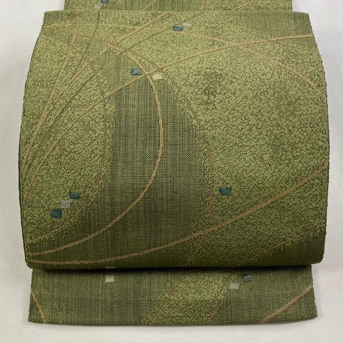 名古屋帯 秀品 八寸名古屋帯 松葉仕立て 紬地 幾何学 灰緑 正絹