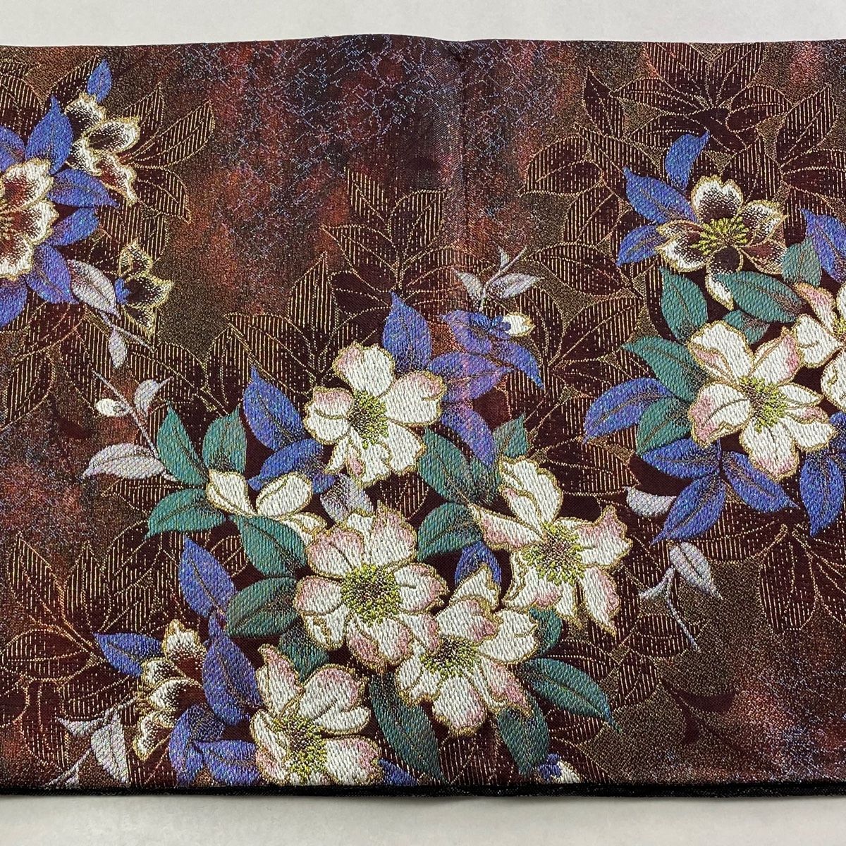  袋帯 秀品 草花 金銀糸 箔 小豆色 六通 正絹 袋帯 帯