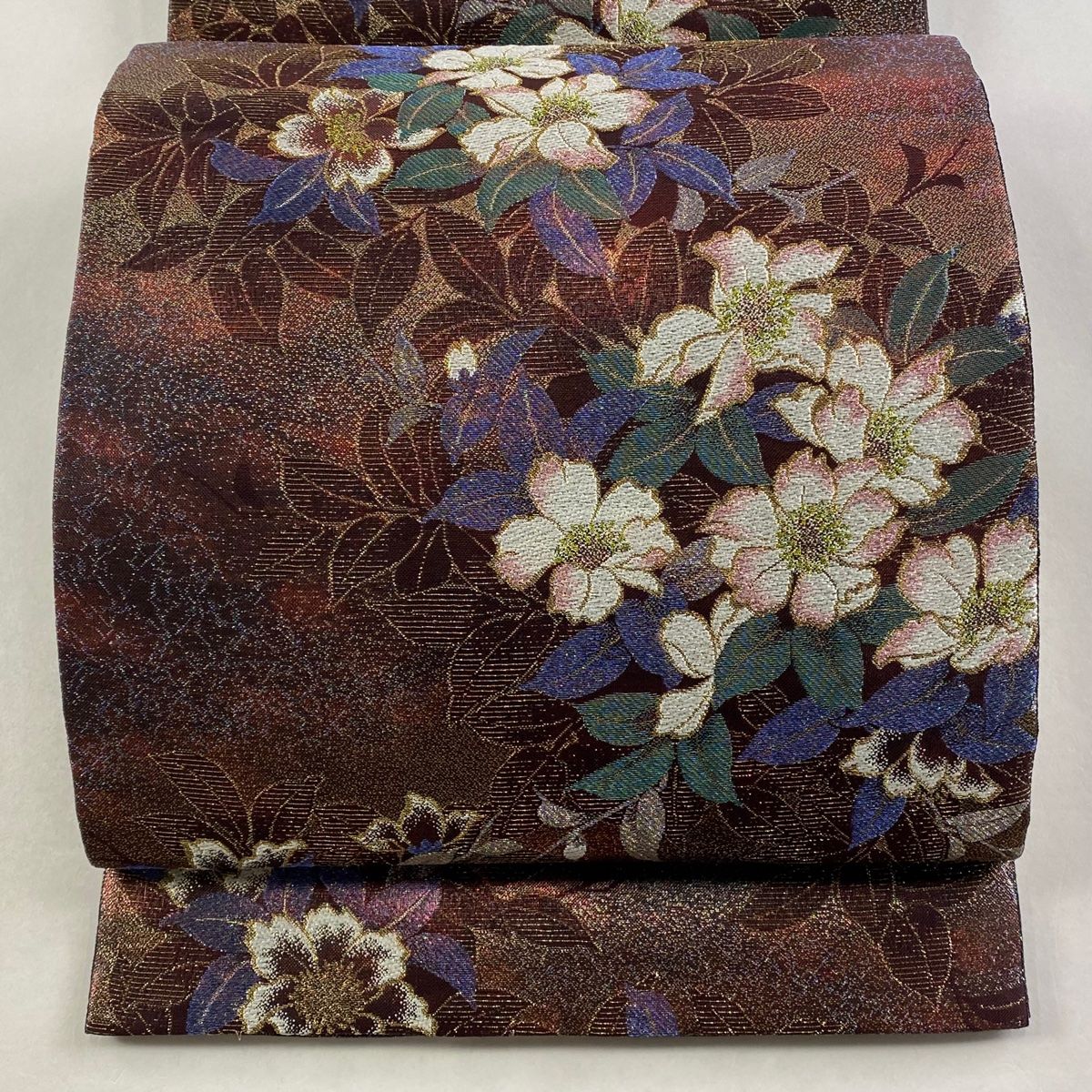 袋帯 秀品 草花 金銀糸 箔 小豆色 六通 正絹