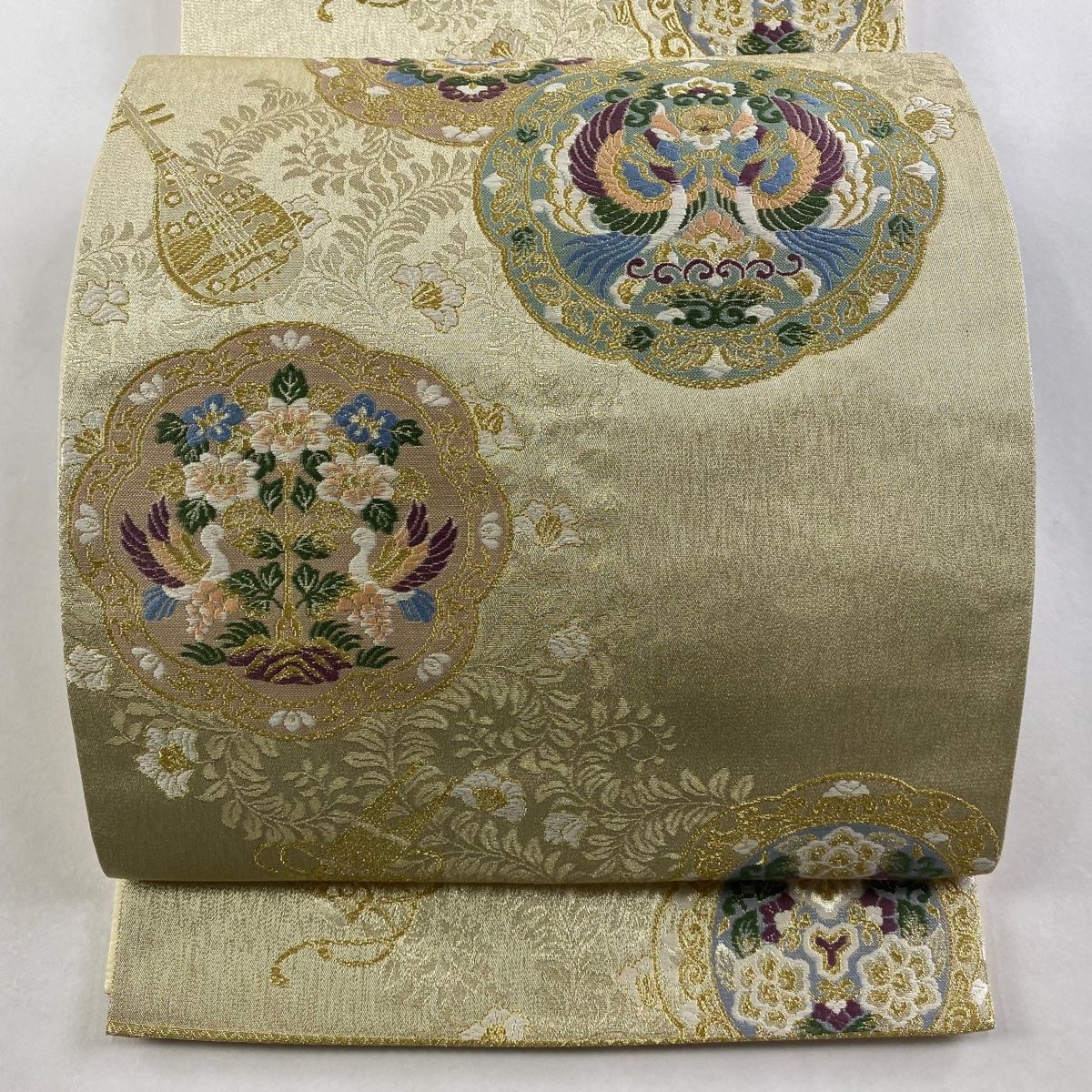 袋帯 秀品 向かい鳥 華文 唐織 金糸 金色 六通 正絹