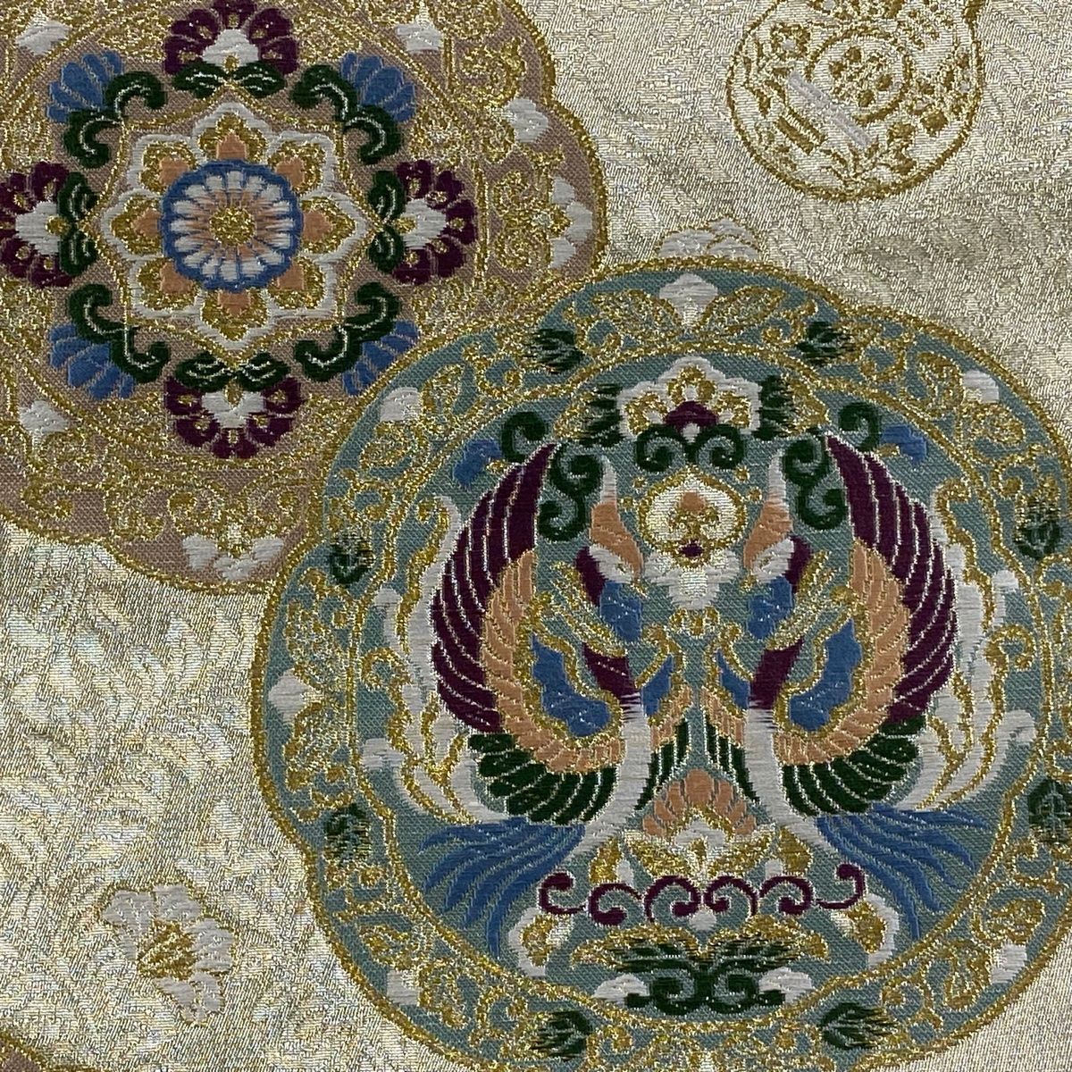 袋帯 秀品 向かい鳥 華文 唐織 金糸 金色 六通 正絹