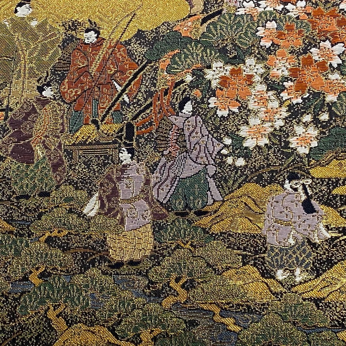 袋帯 秀品 人物 御所車 箔 金糸 黒 六通 正絹