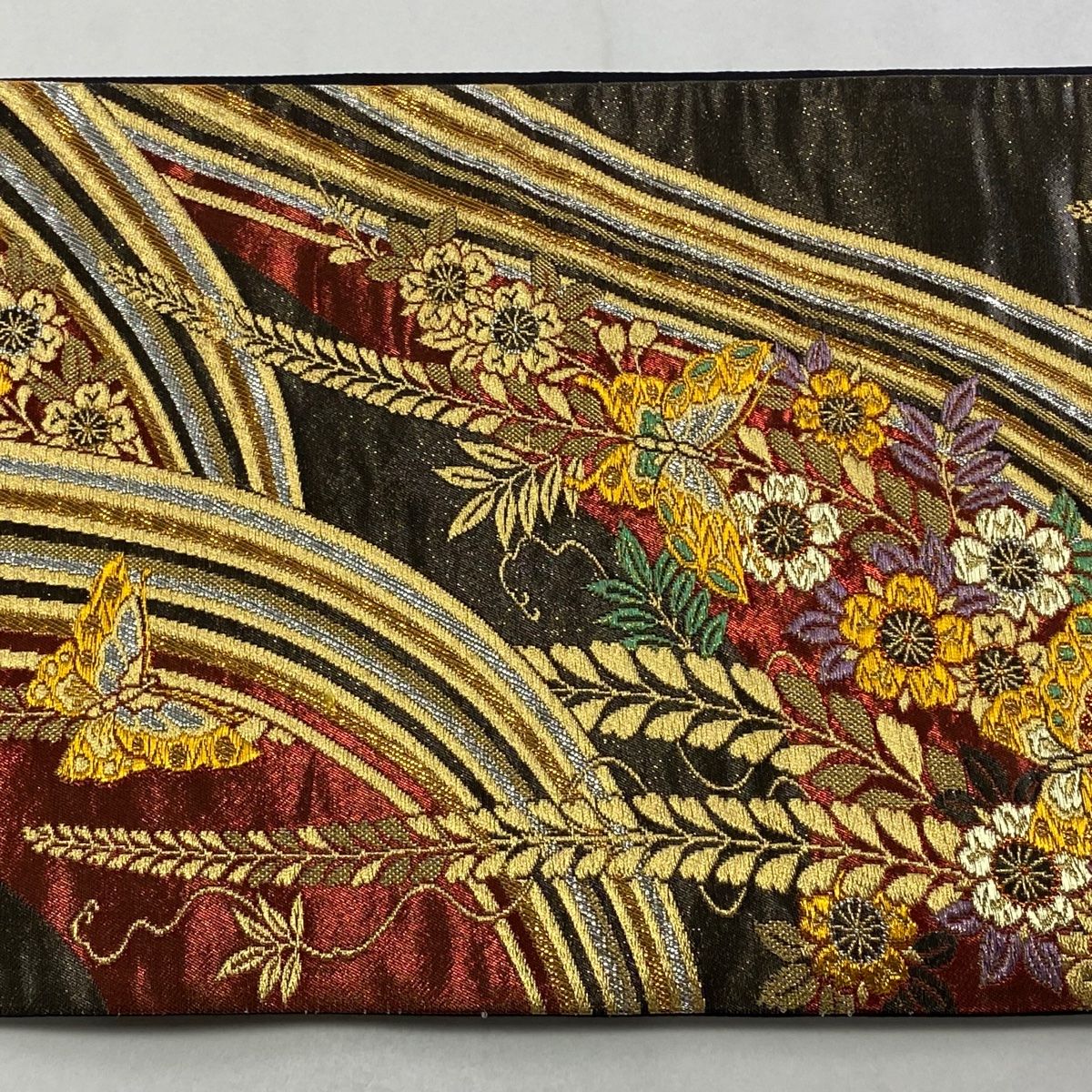  袋帯 秀品 蝶 桜 箔 唐織 焦茶色 六通 正絹 袋帯 帯
