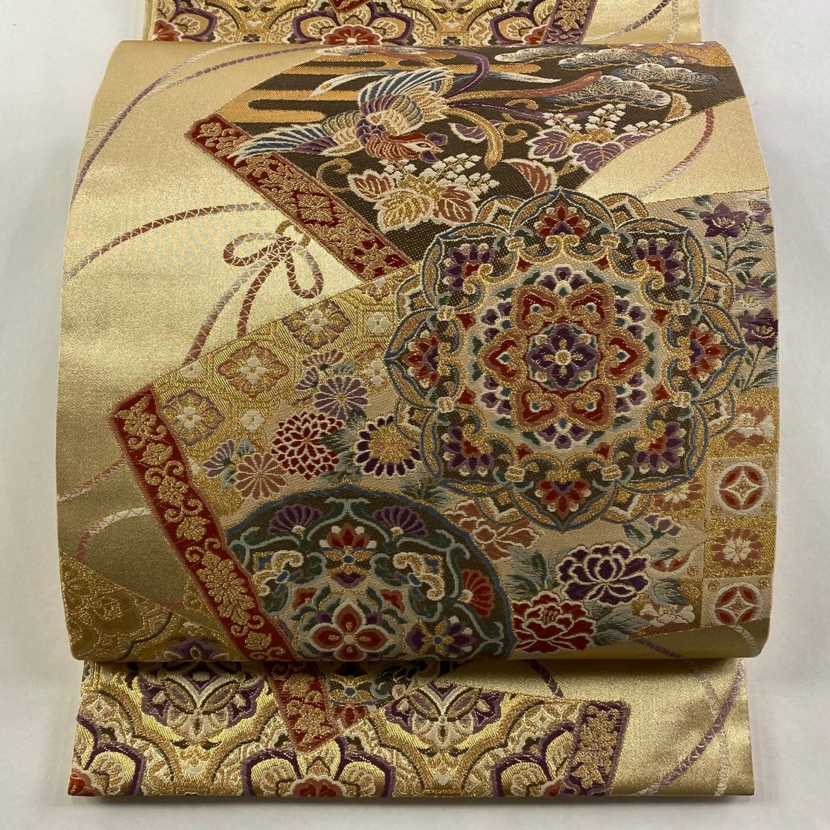 袋帯 秀品 正倉院絵巻鳳凰 箔 金糸 金色 六通 正絹