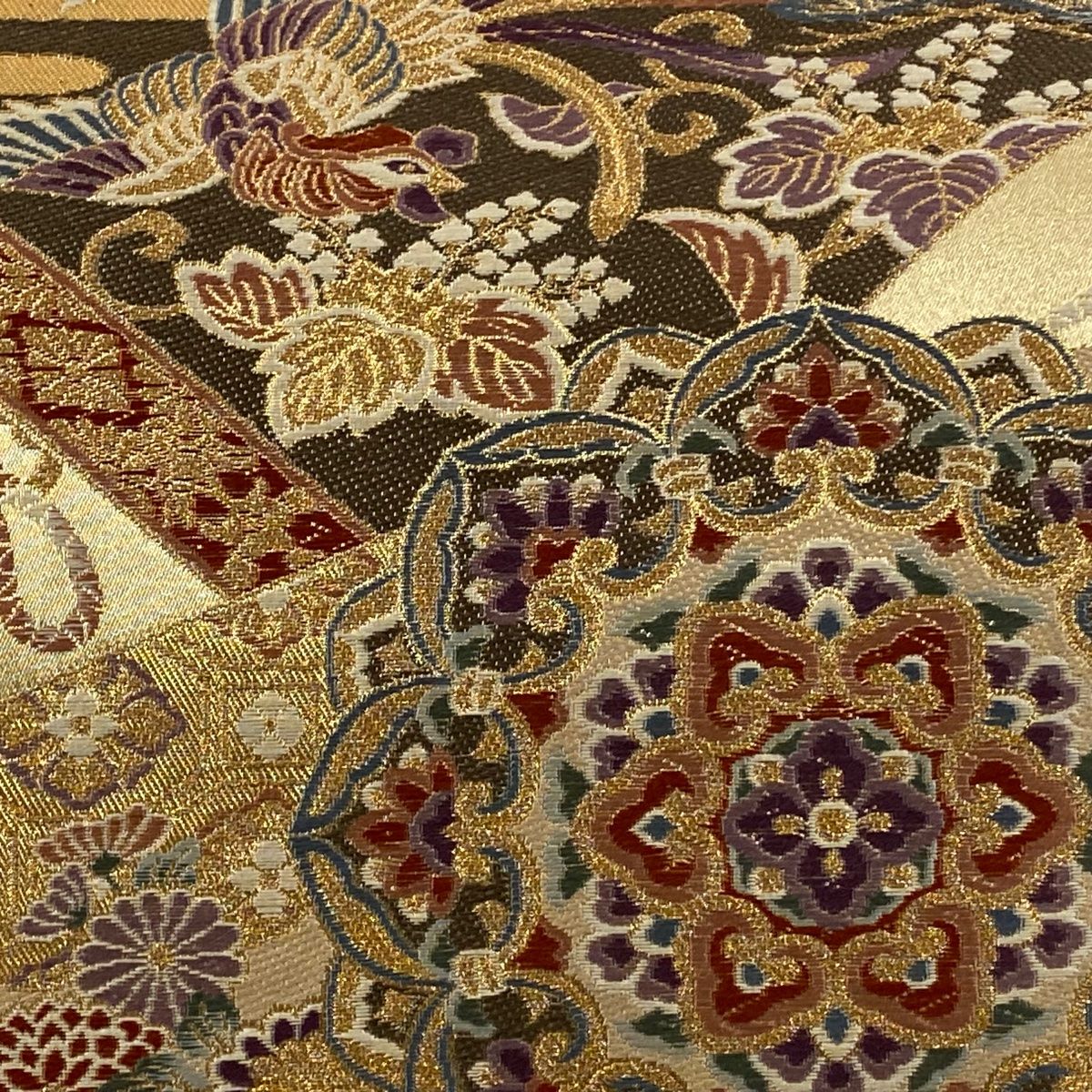 袋帯 秀品 正倉院絵巻鳳凰 箔 金糸 金色 六通 正絹