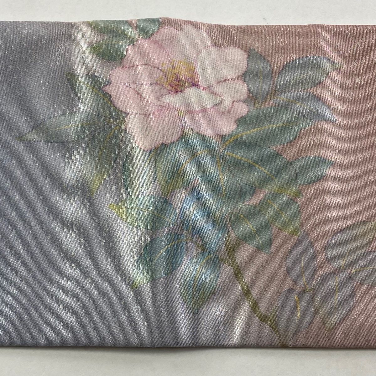  名古屋帯 秀品 二代目清次郎 落款 枝花 箔 薄ピンク 正絹 名古屋帯 帯