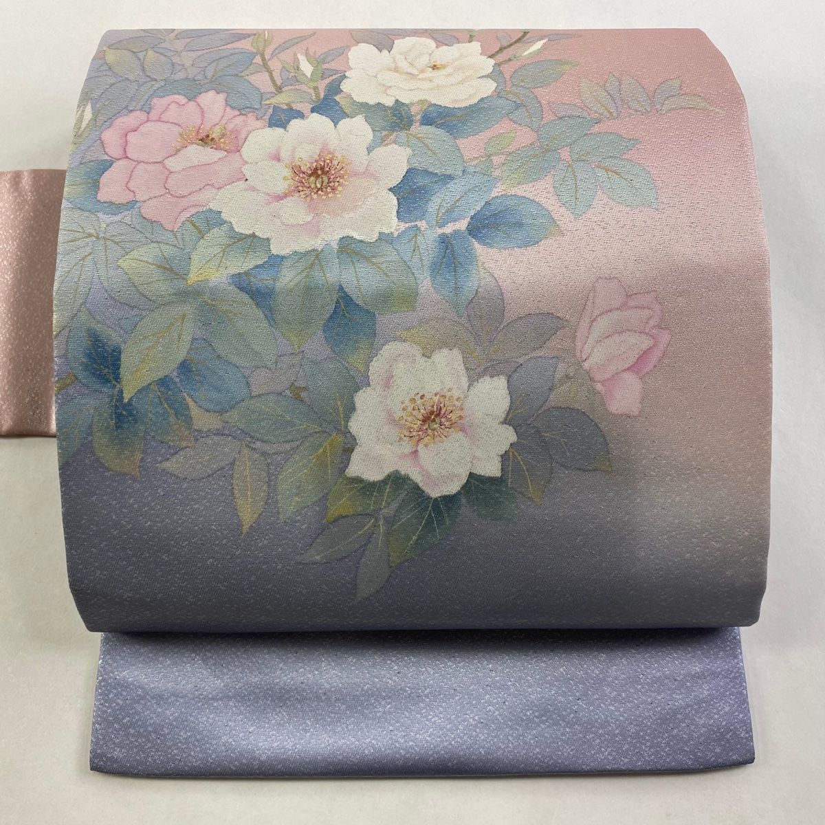 名古屋帯 秀品 二代目清次郎 落款 枝花 箔 薄ピンク 正絹