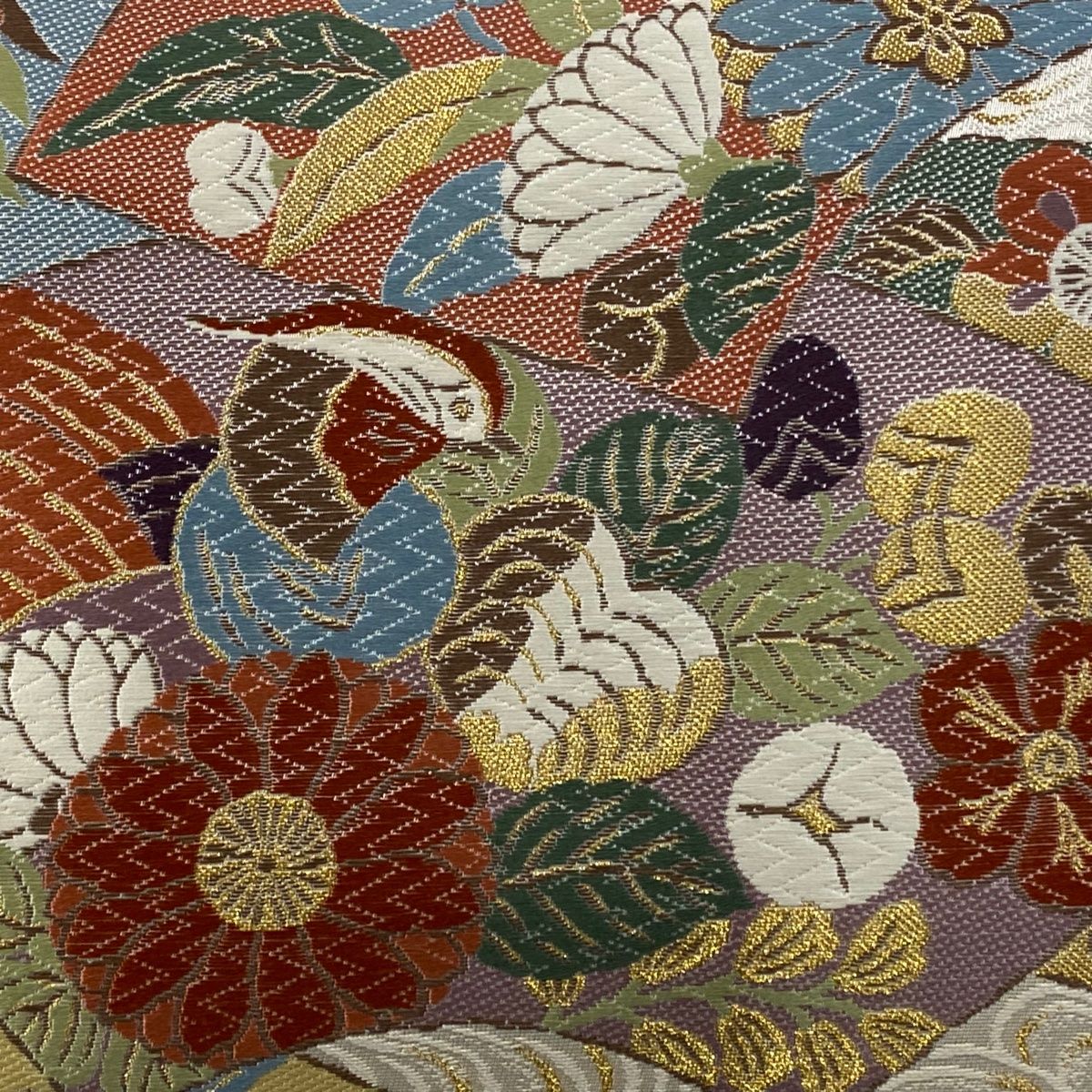 袋帯 秀品 落款 桃山花鳥文 唐織 金糸 クリーム 六通 正絹