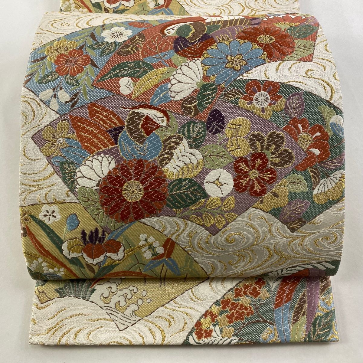 袋帯 秀品 落款 桃山花鳥文 唐織 金糸 クリーム 六通 正絹