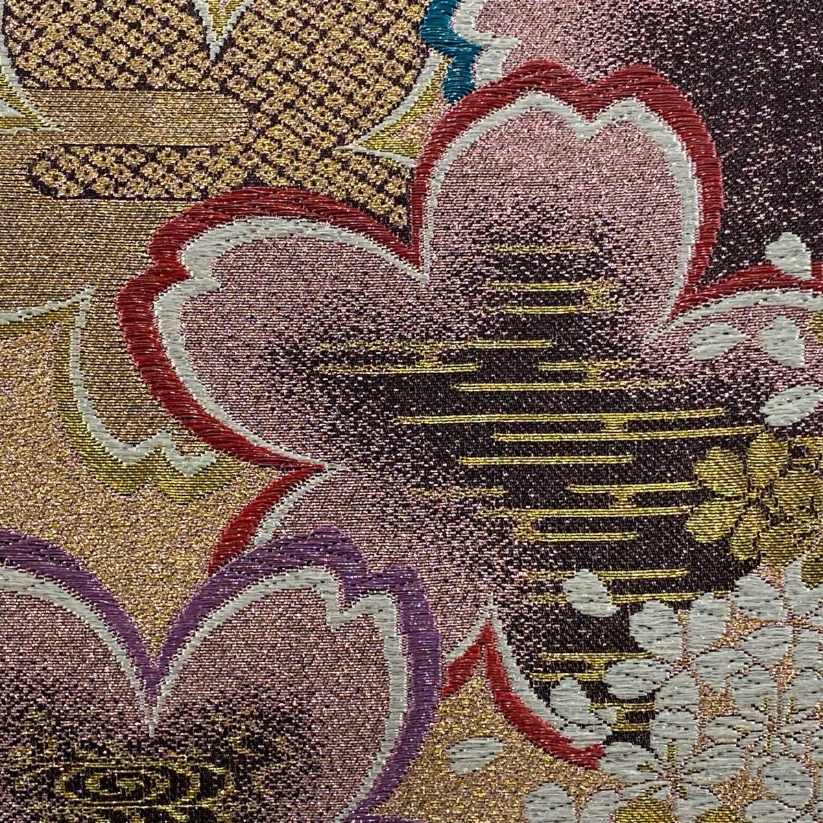 袋帯 秀品 桜 花びら 金糸 箔 ピンク 六通 正絹