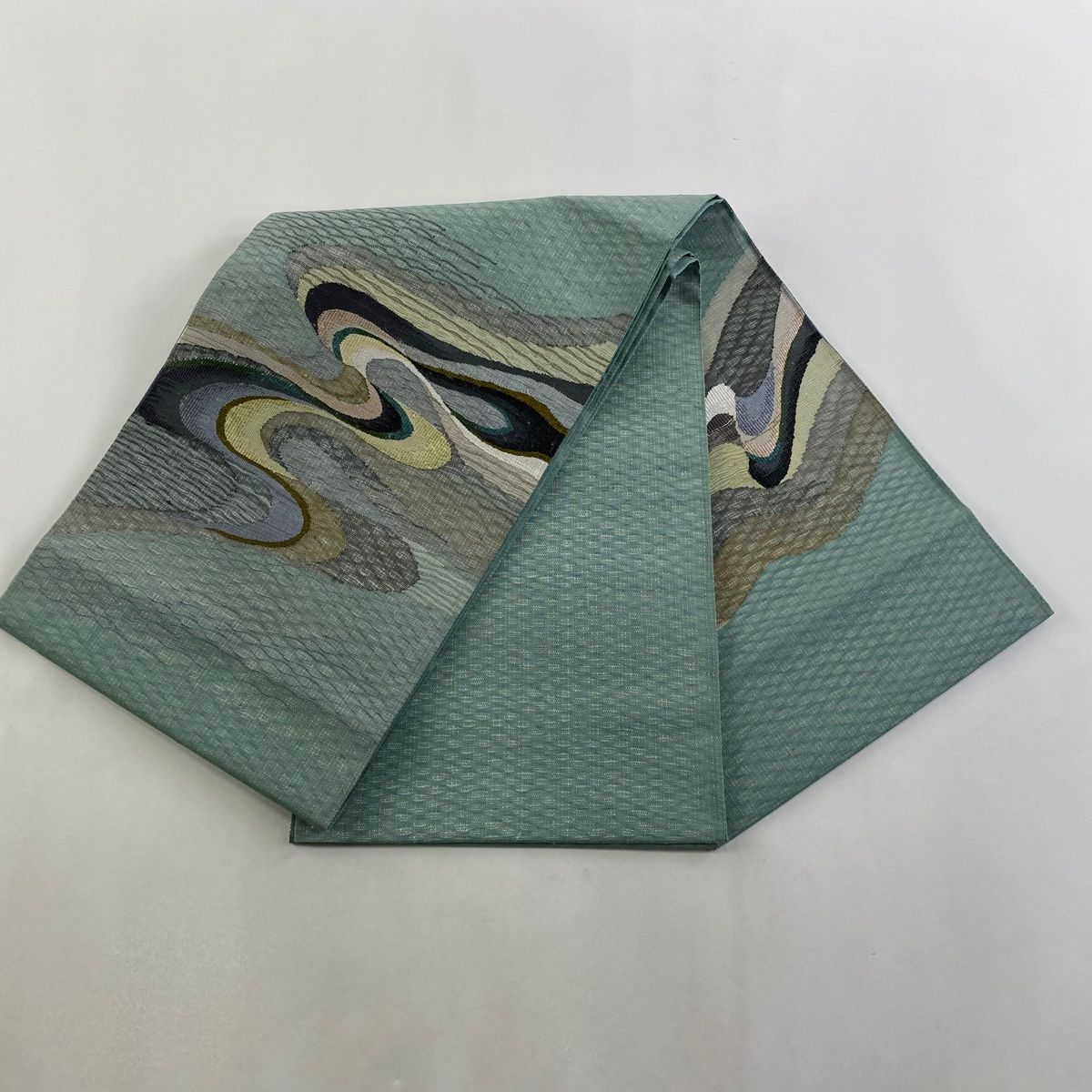 袋帯 秀品 流水 銀糸 薄緑 お太鼓柄 正絹 袋帯 帯