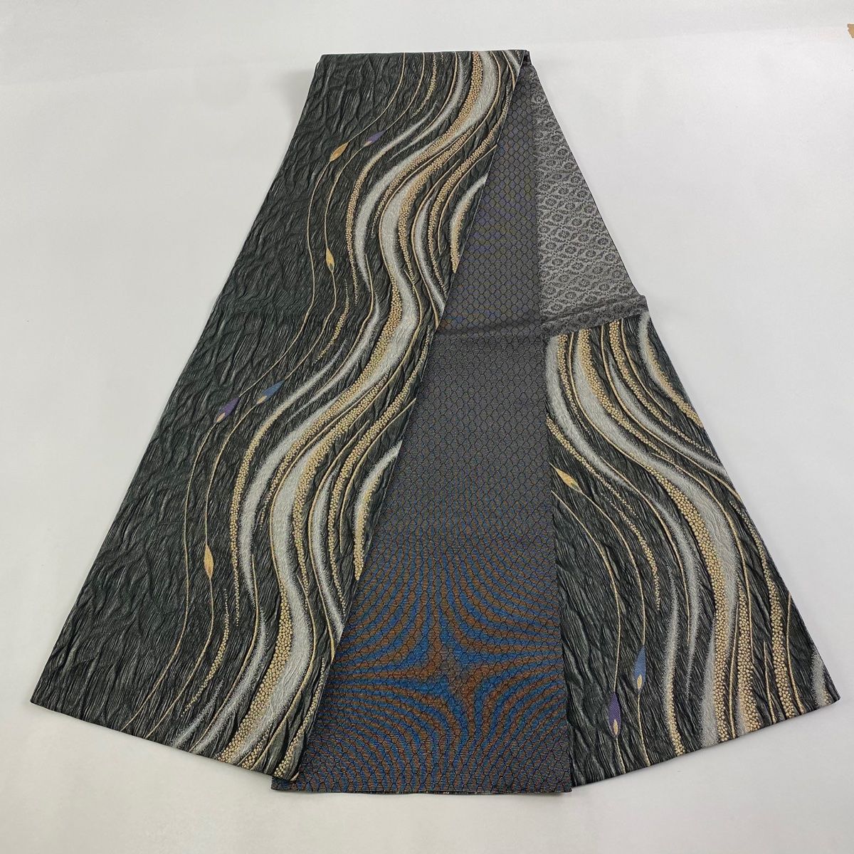  袋帯 秀品 証紙 幾何学模様 金銀糸 墨色 六通 正絹 袋帯 帯