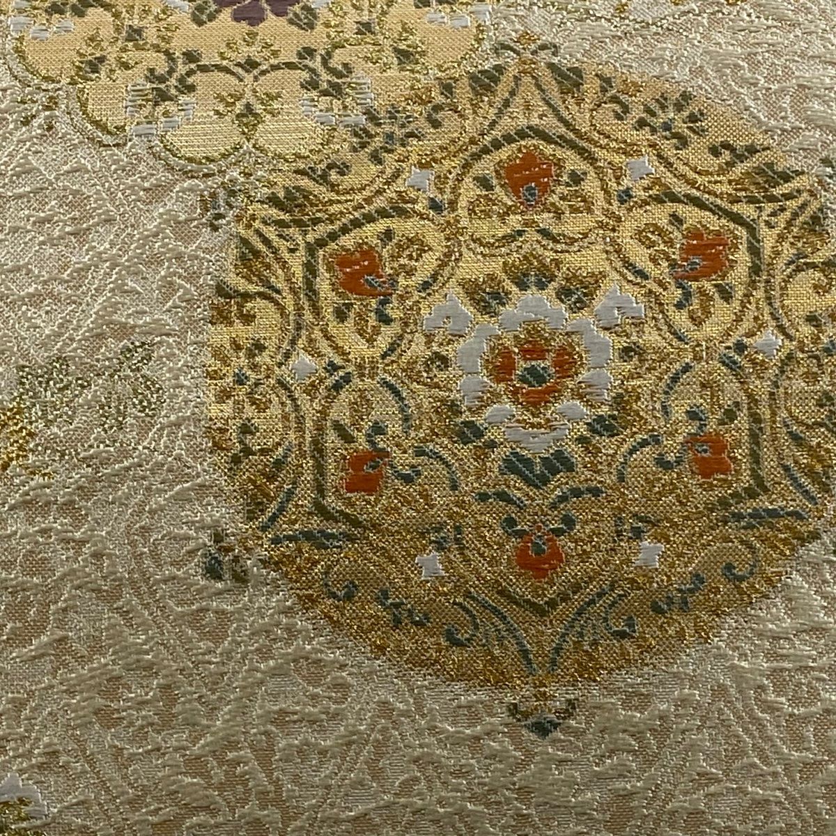 袋帯 秀品 華文 鳥 金糸 箔 ベージュ お太鼓柄 正絹