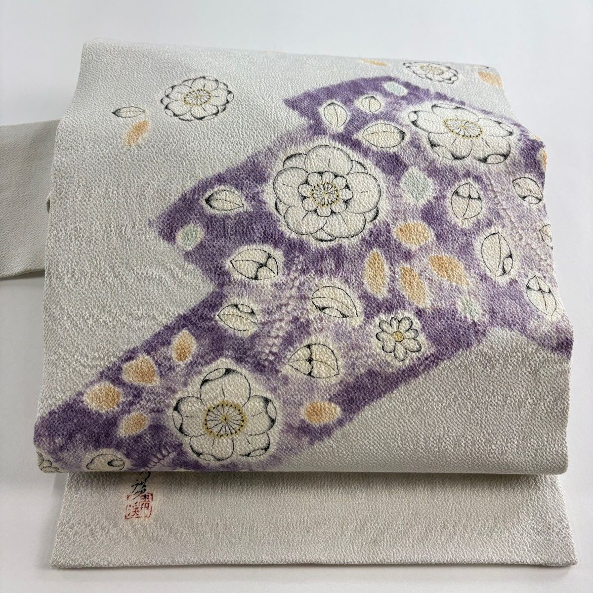 名古屋帯 秀品 落款 辻が花柄 花びら 縮緬 灰色 正絹