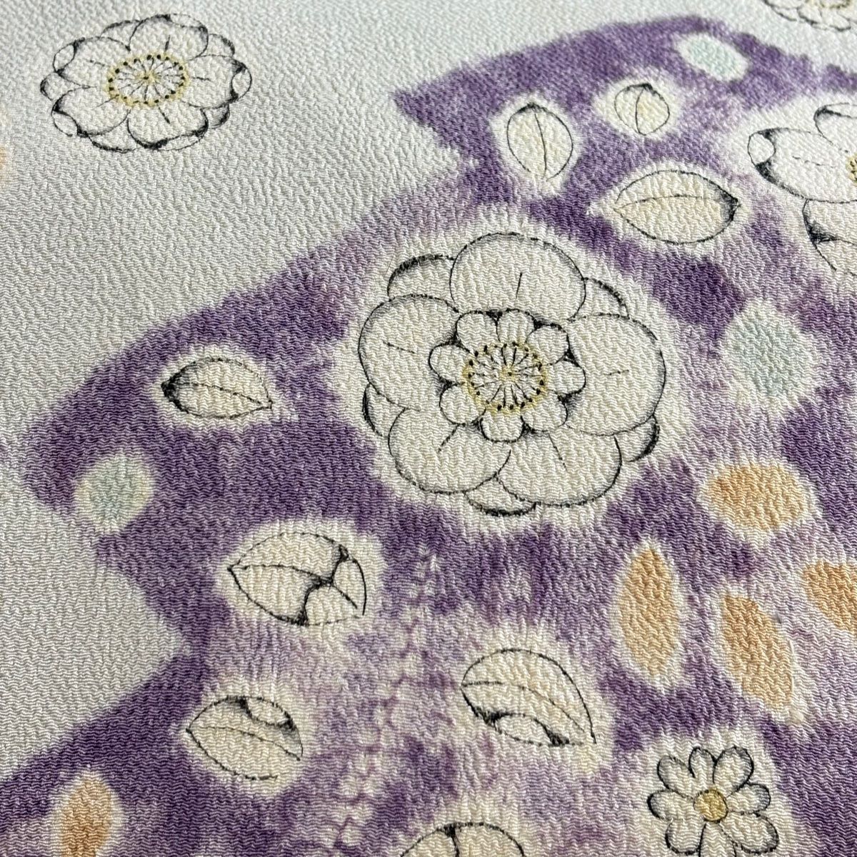 名古屋帯 秀品 落款 辻が花柄 花びら 縮緬 灰色 正絹