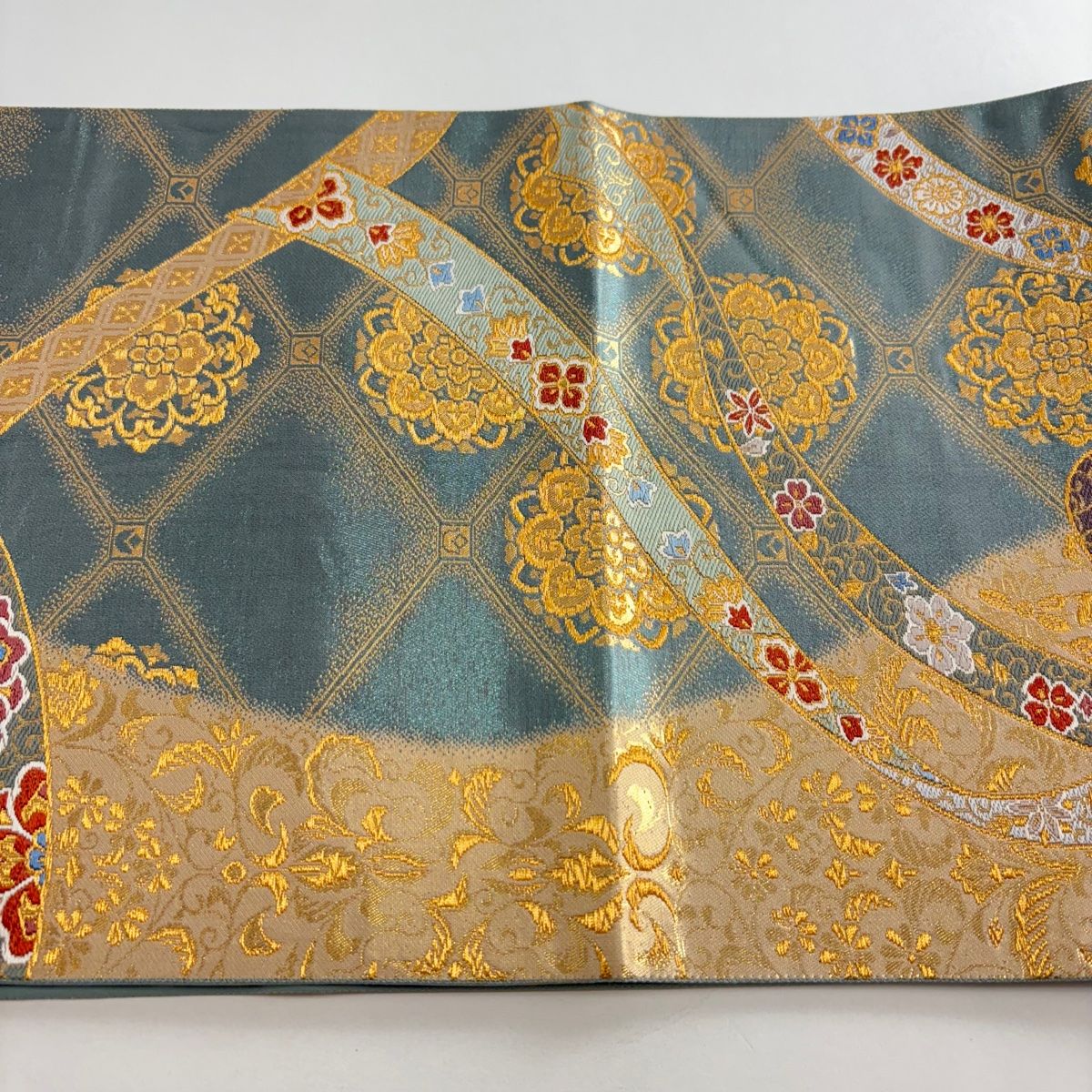  袋帯 秀品 華文 熨斗 金糸 箔 青緑 六通 正絹 袋帯 帯