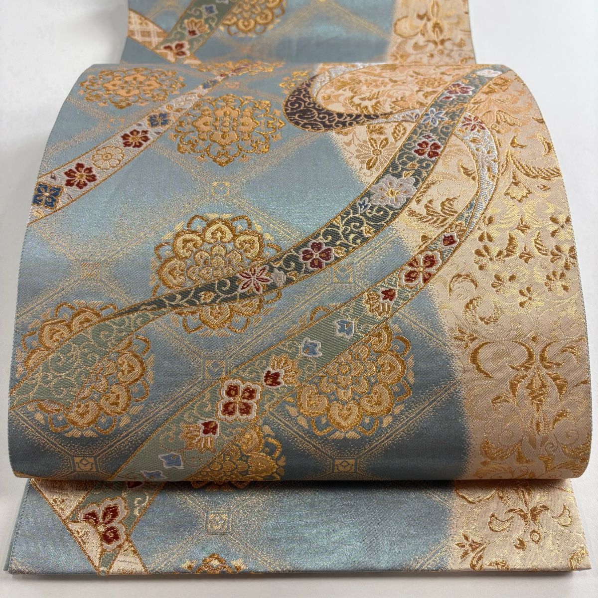 袋帯 秀品 華文 熨斗 金糸 箔 青緑 六通 正絹