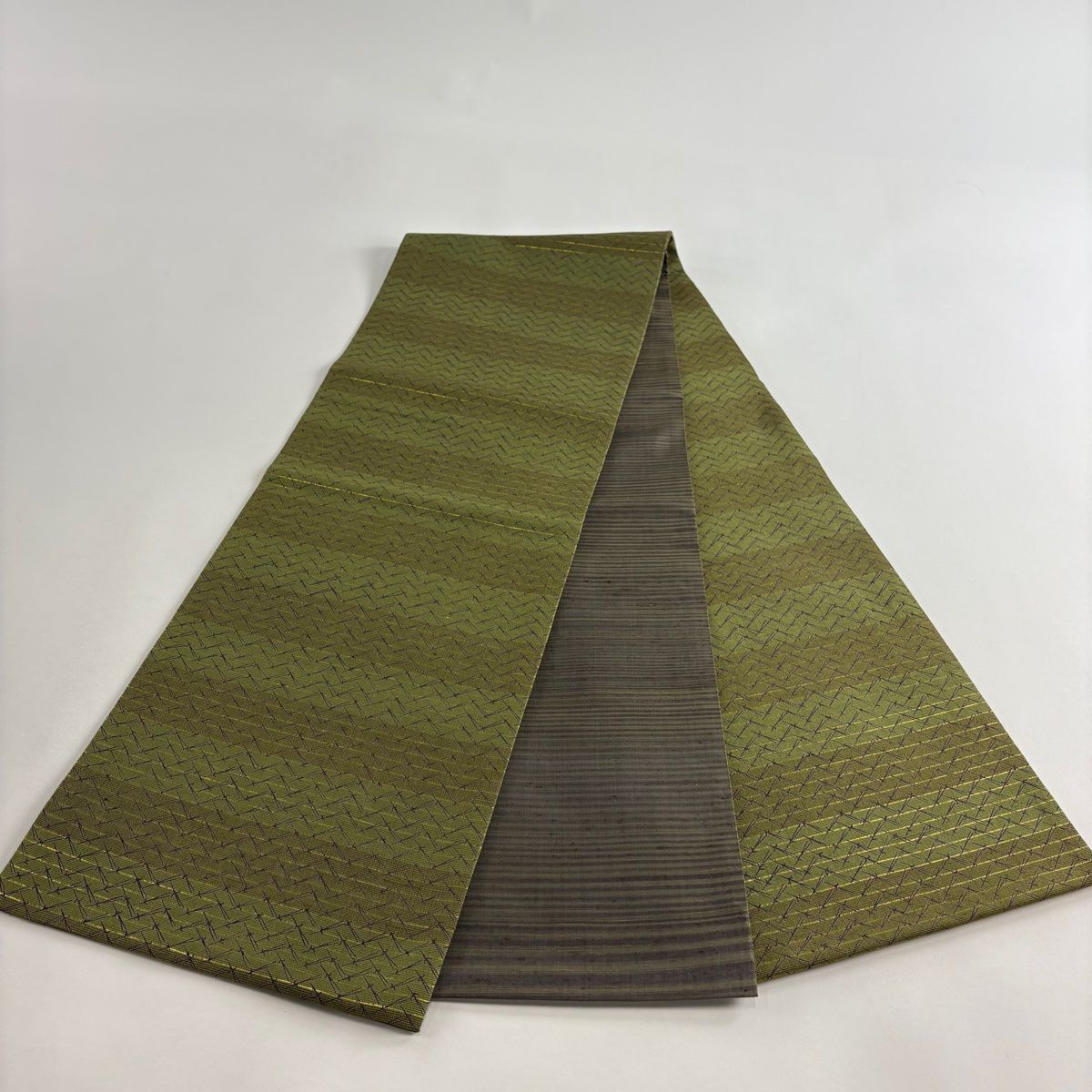  袋名古屋帯 秀品 松葉 縞 箔 灰緑 正絹 名古屋帯 帯