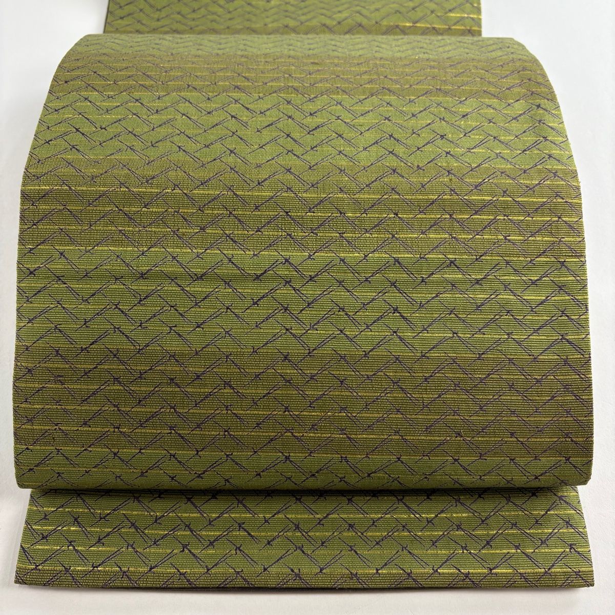 袋名古屋帯 秀品 松葉 縞 箔 灰緑 正絹