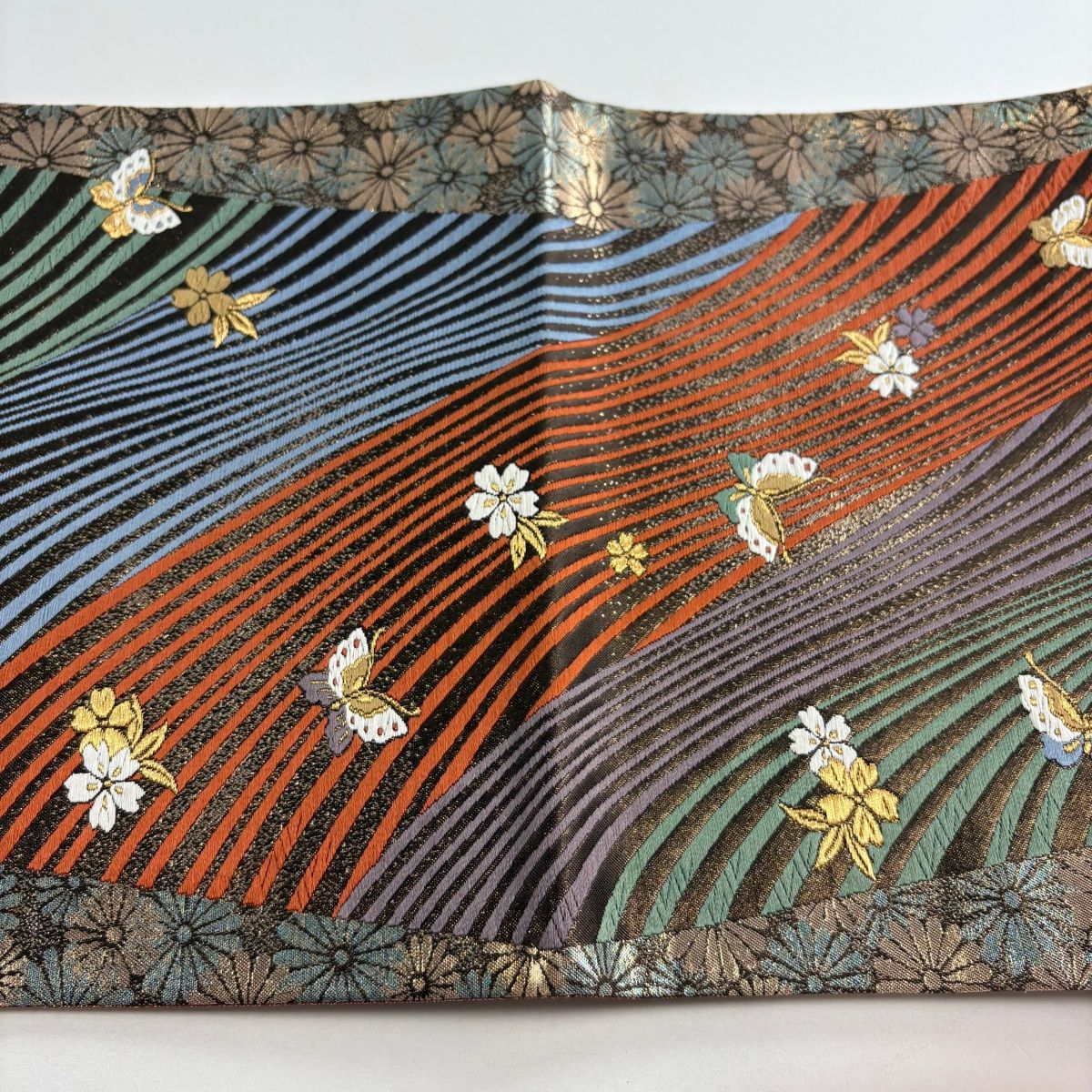  袋帯 秀品 蝶 菊 金糸 箔 茶紫 六通 正絹 袋帯 帯