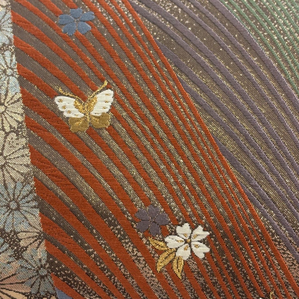 袋帯 秀品 蝶 菊 金糸 箔 茶紫 六通 正絹