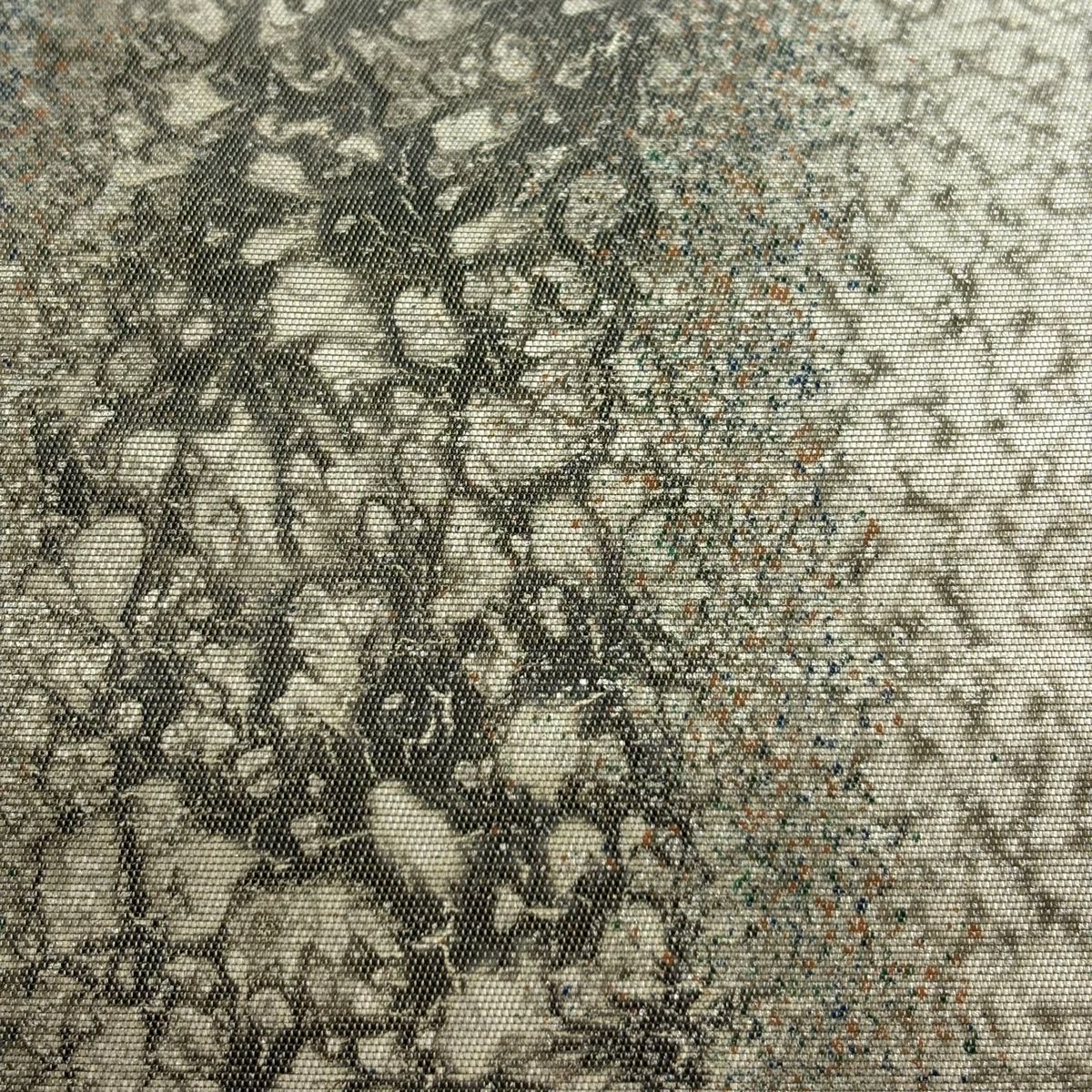 袋帯 秀品 落款 幾何学模様 箔 銀彩 鶯色 六通 正絹