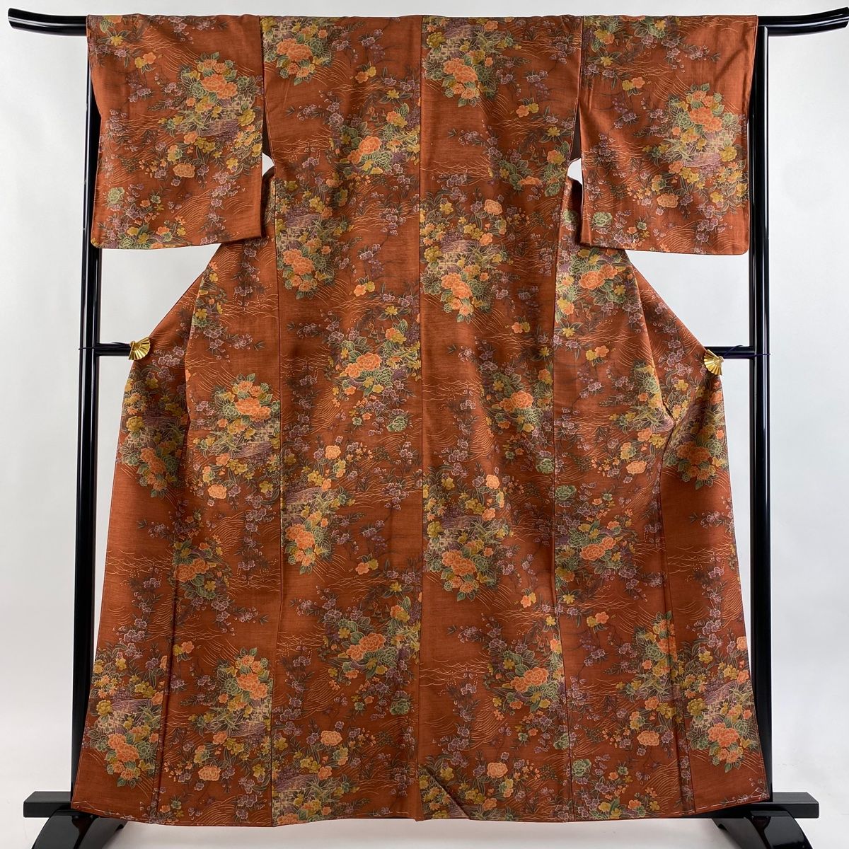 小紋 身丈161 cm 裄丈66 5 M 袷 紬地 証紙 草花 波 赤茶 正絹 秀品