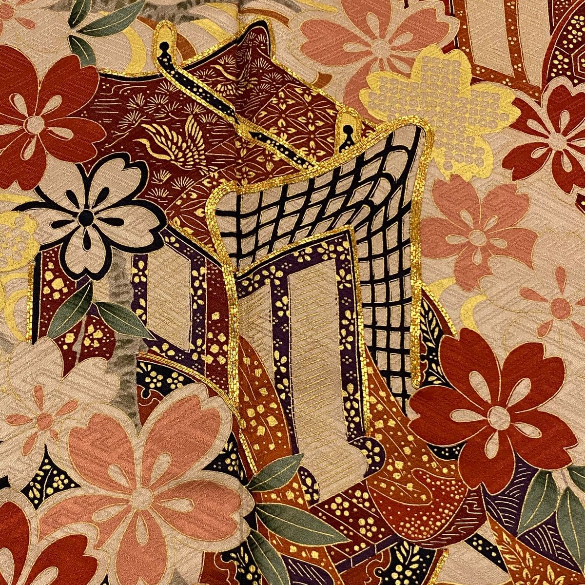  振袖 身丈166.5 cm 裄丈67 L 袷 鈴乃屋 御所車 桜 金糸 金彩 黄土色 正絹 秀品 振袖 着物