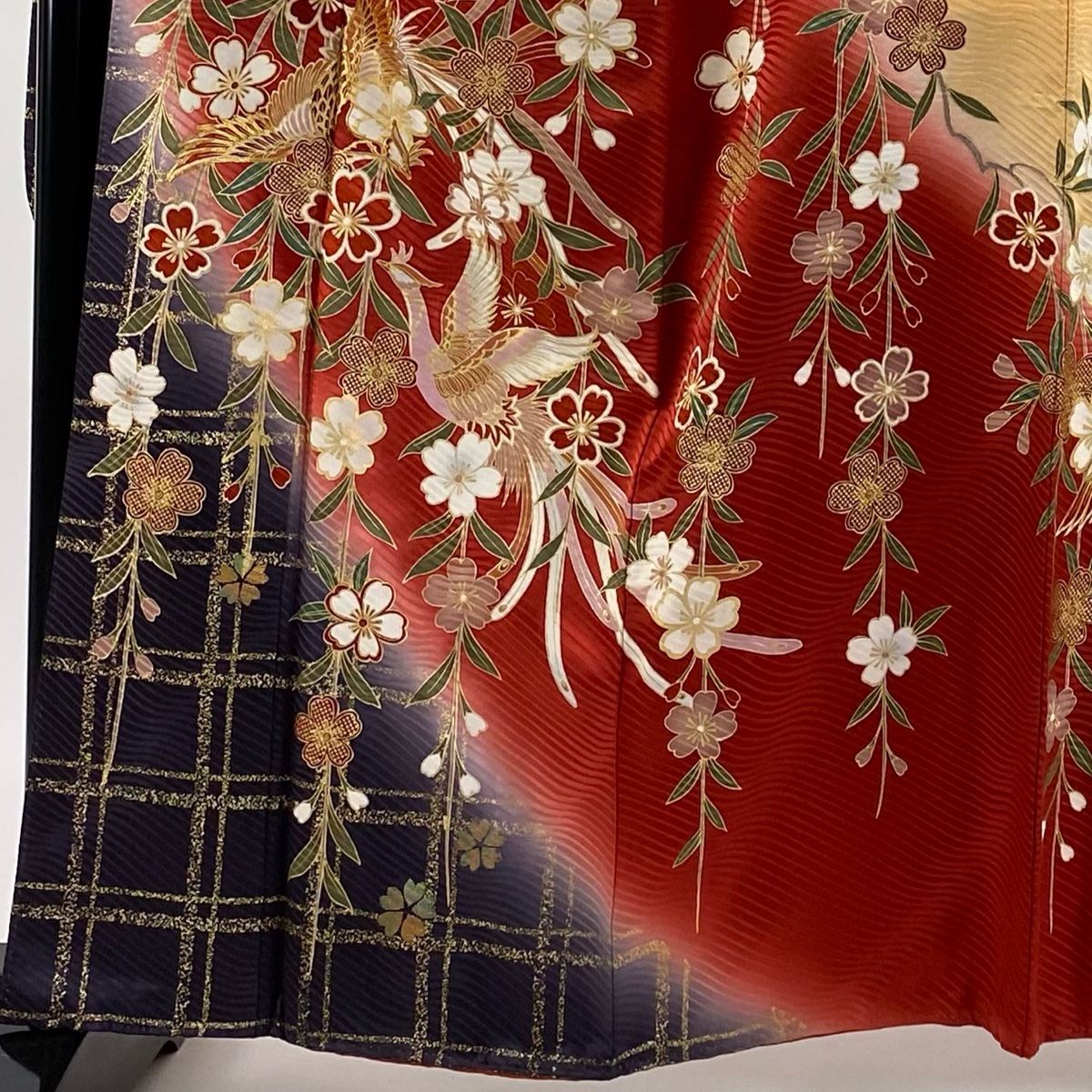振袖 身丈162.5 cm 裄丈66.5 M 袷 枝垂れ桜 鳳凰 金糸 金彩 赤 正絹 秀品