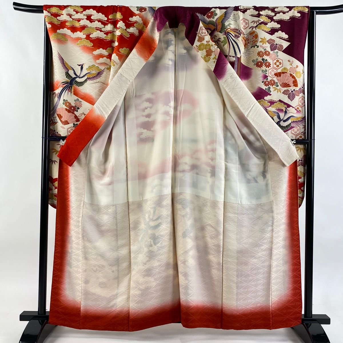  振袖 身丈160.5 cm 裄丈67.5 L 袷 落款 尾長鳥 松竹梅 金糸 金彩 クリーム 正絹 秀品 振袖 着物