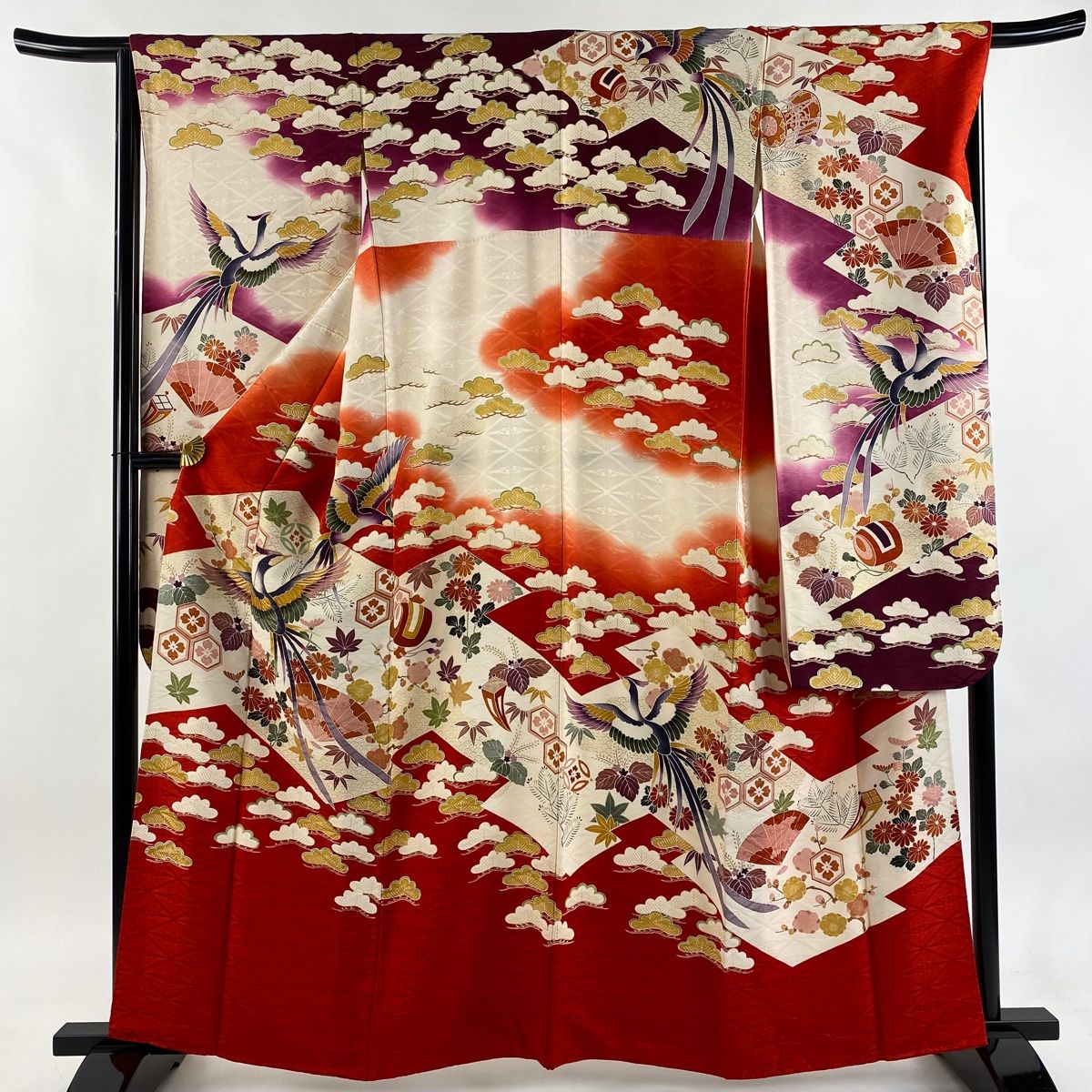 振袖 身丈160.5 cm 裄丈67.5 L 袷 落款 尾長鳥 松竹梅 金糸 金彩 クリーム 正絹 秀品