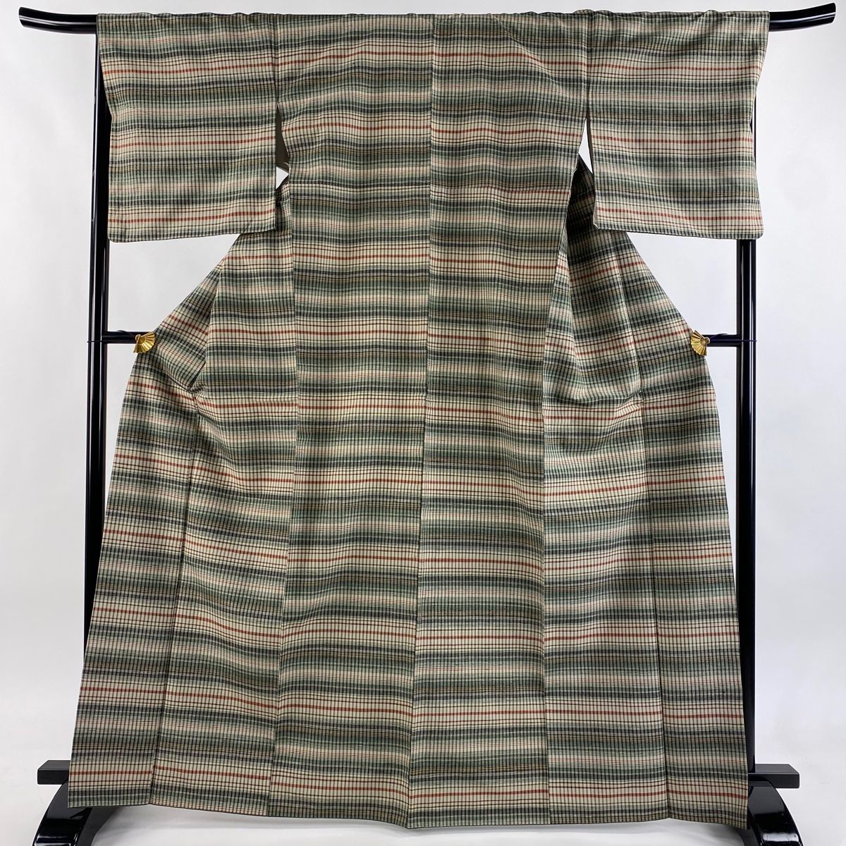 紬 身丈166 5 cm 裄丈69 L 袷 縞 緑 正絹 秀品