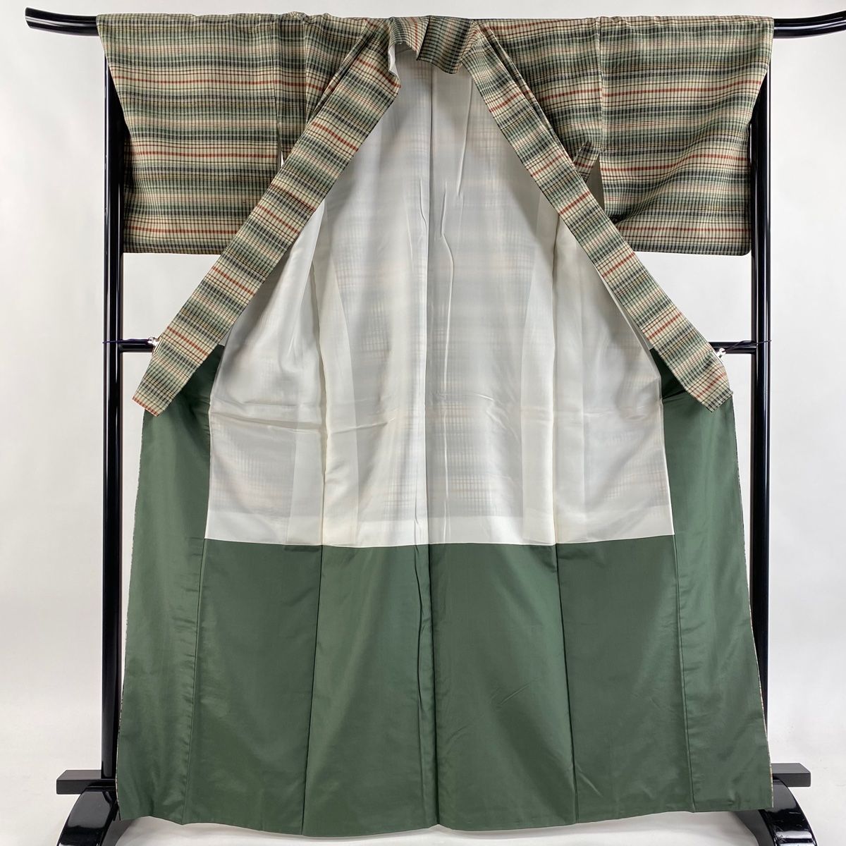  紬 身丈166.5 cm 裄丈69 L 袷 縞 緑 正絹 秀品 紬 着物