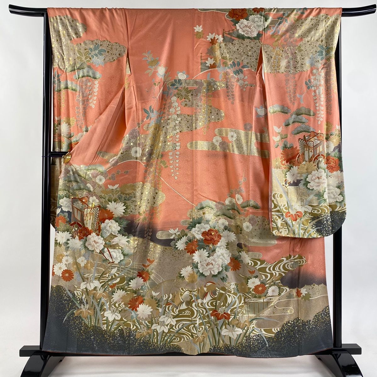 振袖 身丈159 5 cm 裄丈66 M 袷 御所車 草花 金糸 金彩 サーモンピンク 正絹 秀品