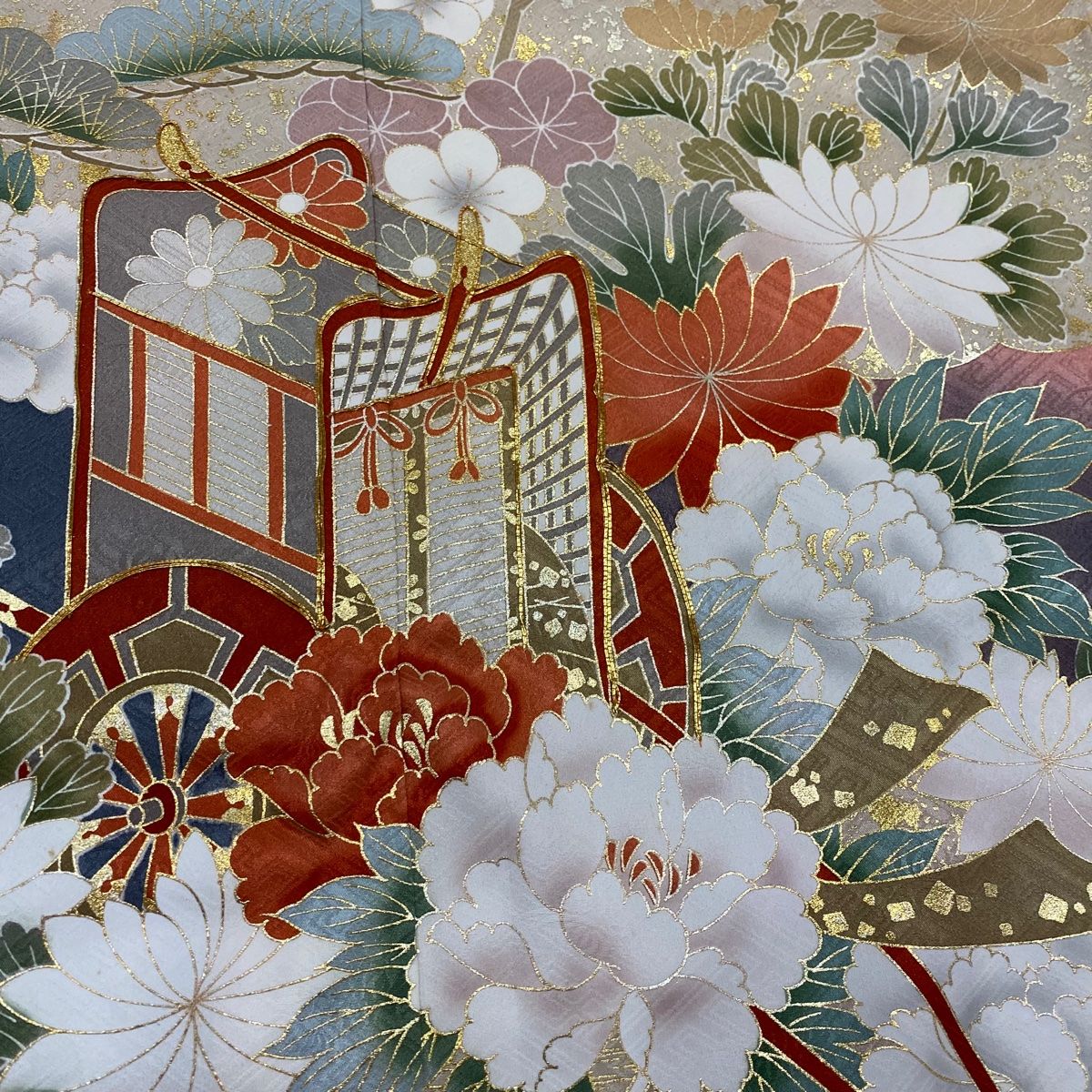  振袖 身丈159.5 cm 裄丈66 M 袷 御所車 草花 金糸 金彩 サーモンピンク 正絹 秀品 振袖 着物