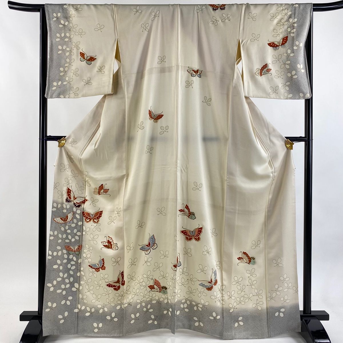 訪問着 身丈167cm 裄丈69.5cm L 袷 蝶 刺繍 金糸 クリーム 正絹 秀品