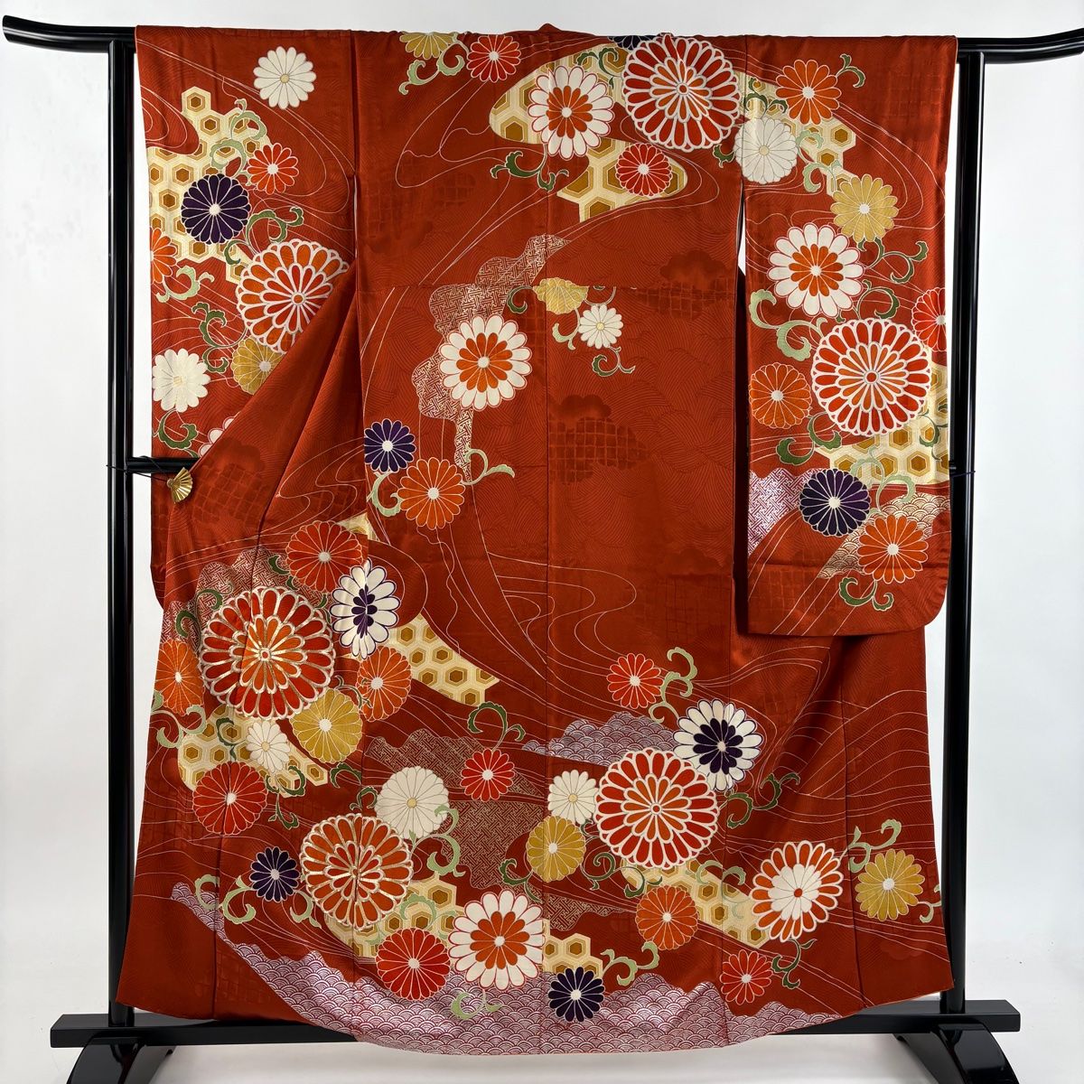 振袖 身丈161 cm 裄丈65 M 袷 菊 亀甲 金糸 金彩 朱色 正絹 秀品