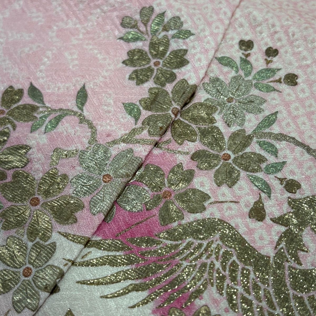  振袖 身丈159 cm 裄丈65 M 袷 貝桶 鳳凰 金糸 絞り ピンク 正絹 秀品 振袖 着物