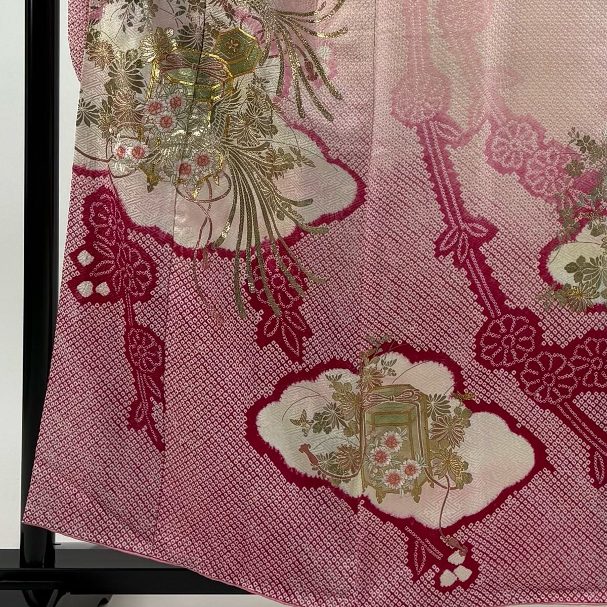 振袖 身丈159 cm 裄丈65 M 袷 貝桶 鳳凰 金糸 絞り ピンク 正絹 秀品
