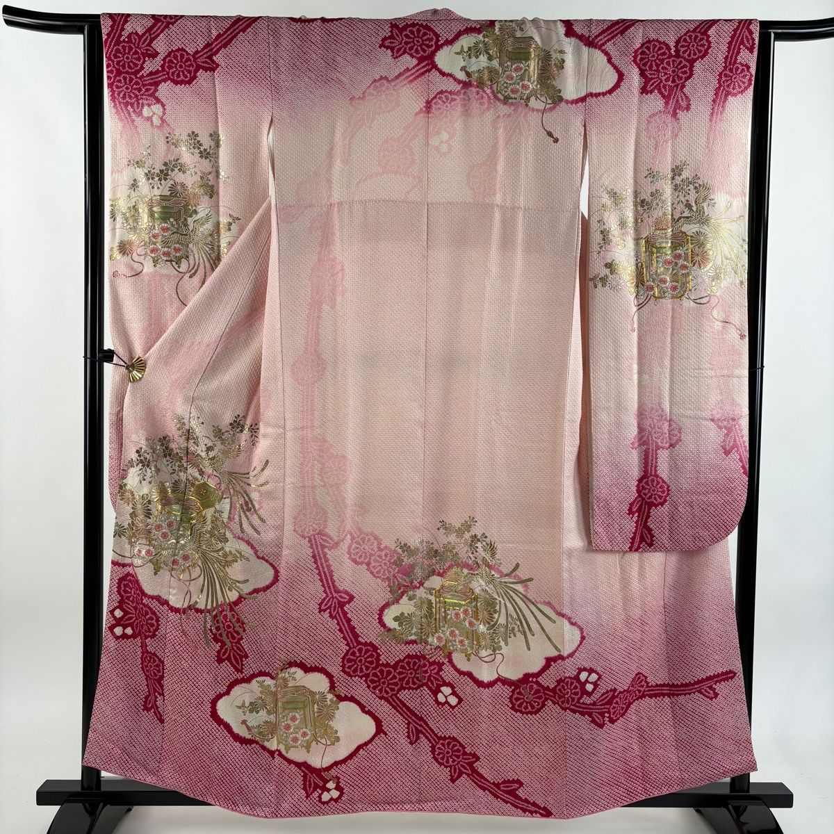 振袖 身丈159 cm 裄丈65 M 袷 貝桶 鳳凰 金糸 絞り ピンク 正絹 秀品