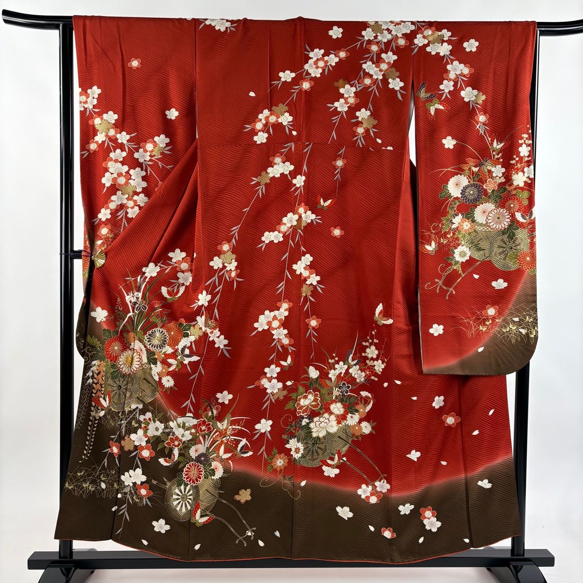 振袖 身丈155 5 cm 裄丈65 M 袷 花車 蝶 金糸 金彩 赤 正絹 秀品