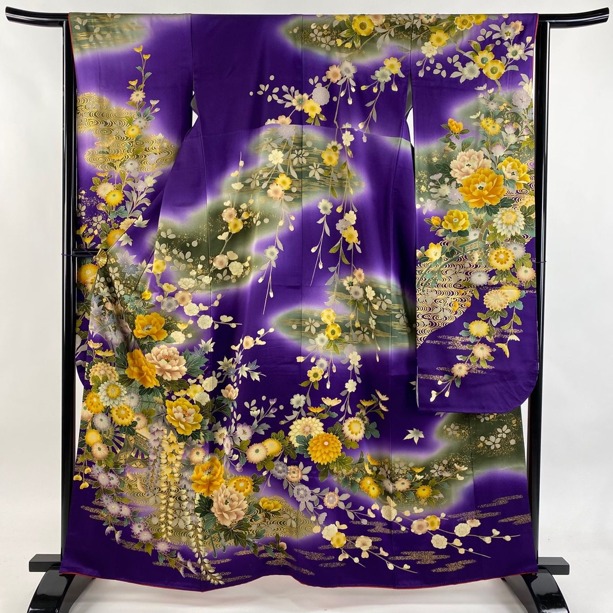 振袖 身丈161 cm 裄丈63 S 袷 牡丹 霞 金糸 金彩 紫 正絹 秀品