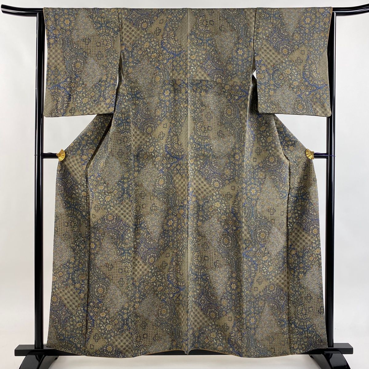 小紋 身丈158 cm 裄丈64 5 M 袷 二代目 更甚 落款 更紗 縮緬 青灰色 正絹 秀品