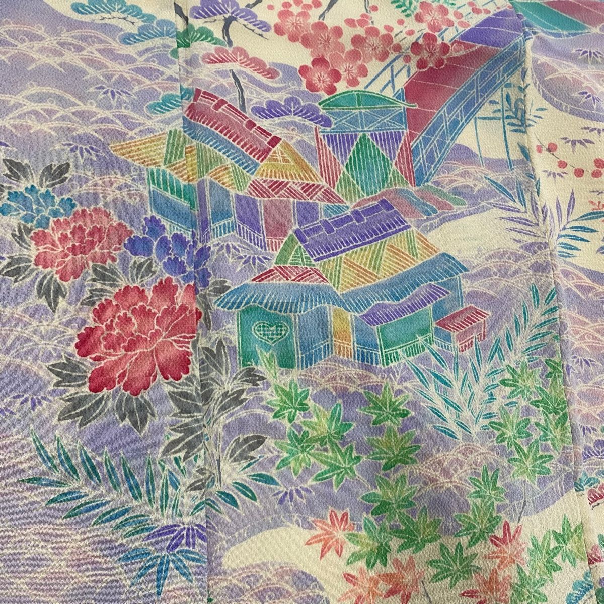  振袖 身丈165 cm 裄丈62 S 袷 家屋 松竹梅 縮緬 クリーム 正絹 秀品 振袖 着物