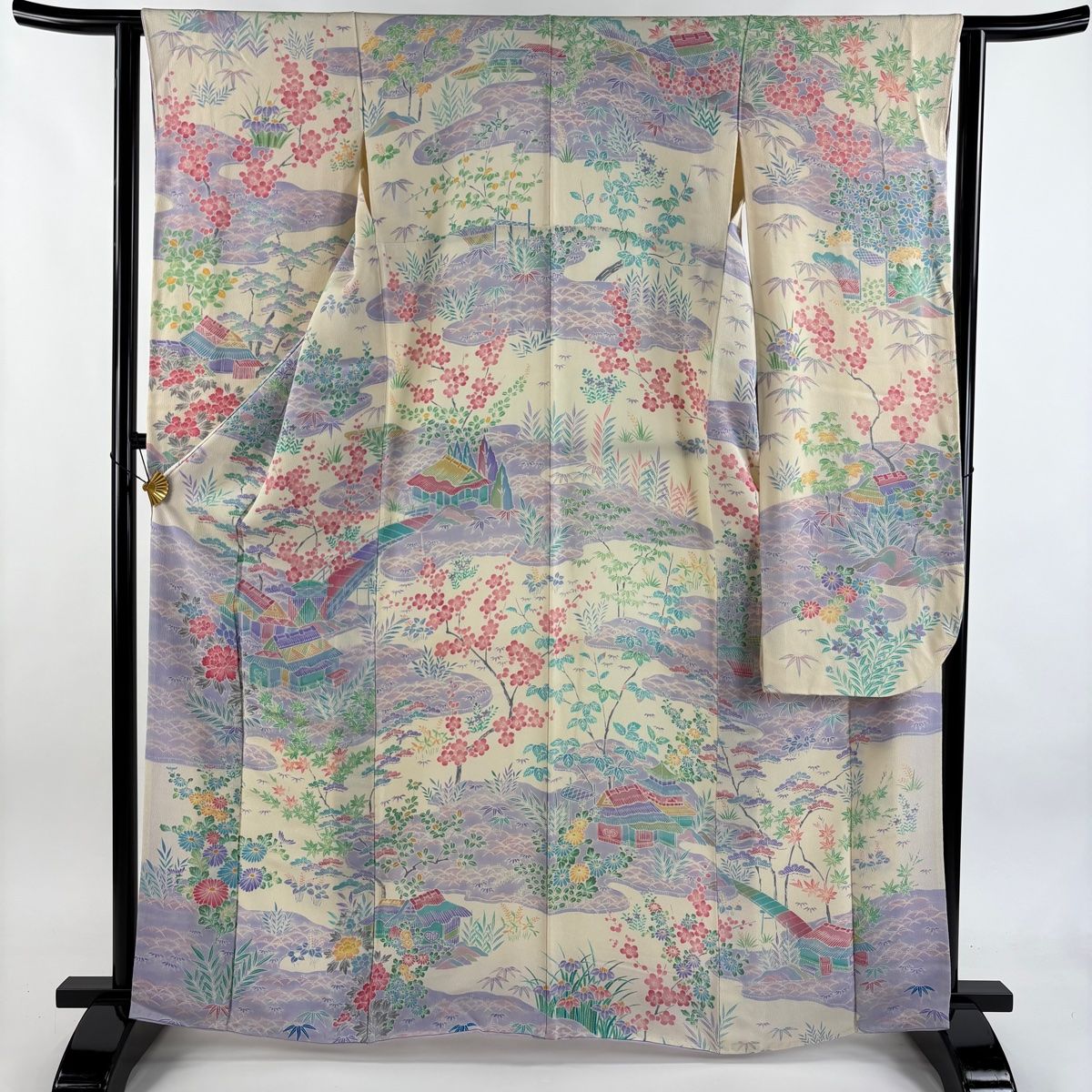 振袖 身丈165 cm 裄丈62 S 袷 家屋 松竹梅 縮緬 クリーム 正絹 秀品