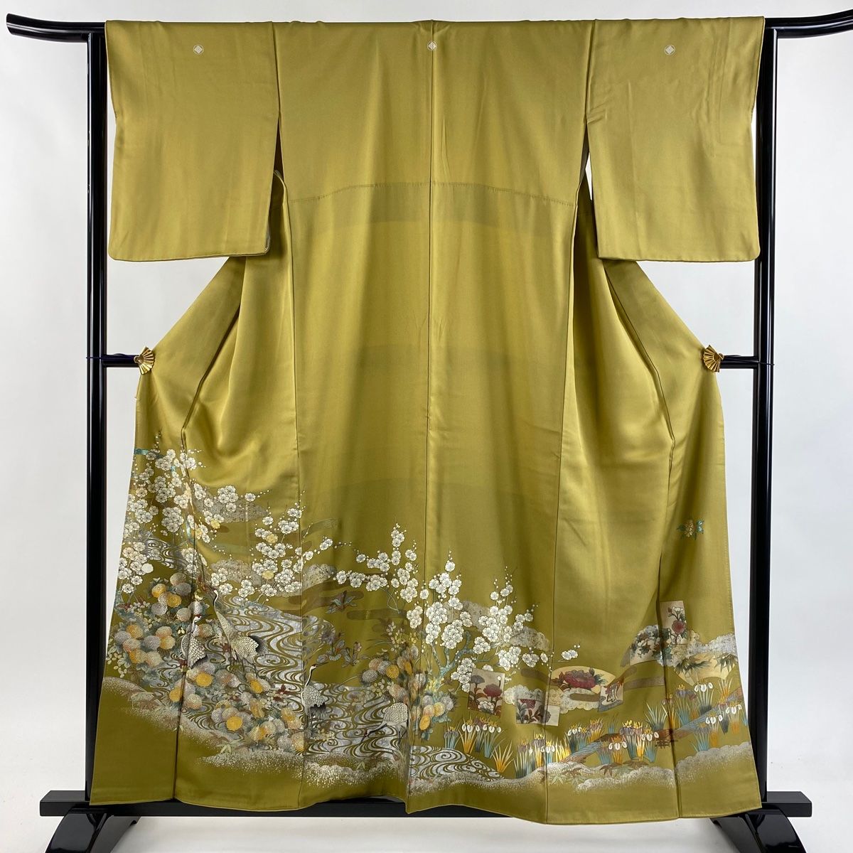 色留袖 身丈165.5 cm 裄丈63.5 S 袷 証紙 鶴 梅 金銀彩 螺鈿 からし色 正絹 秀品 三つ紋