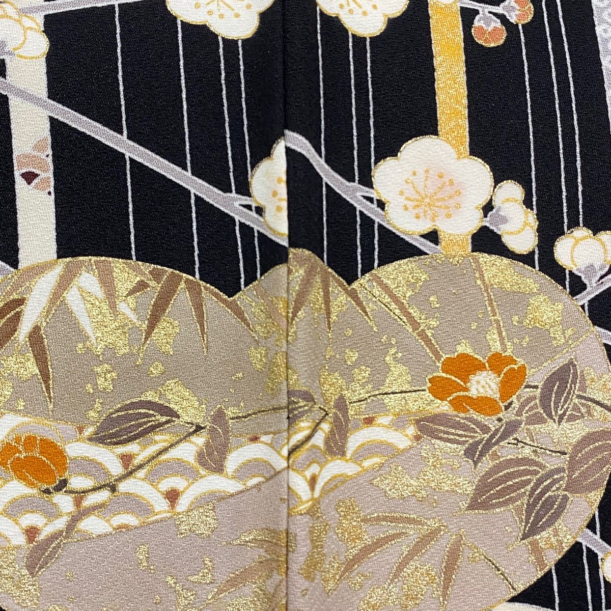 訪問着 身丈164.5cm 裄丈64cm M 袷 扇面 波 金糸 金彩 クリーム 正絹